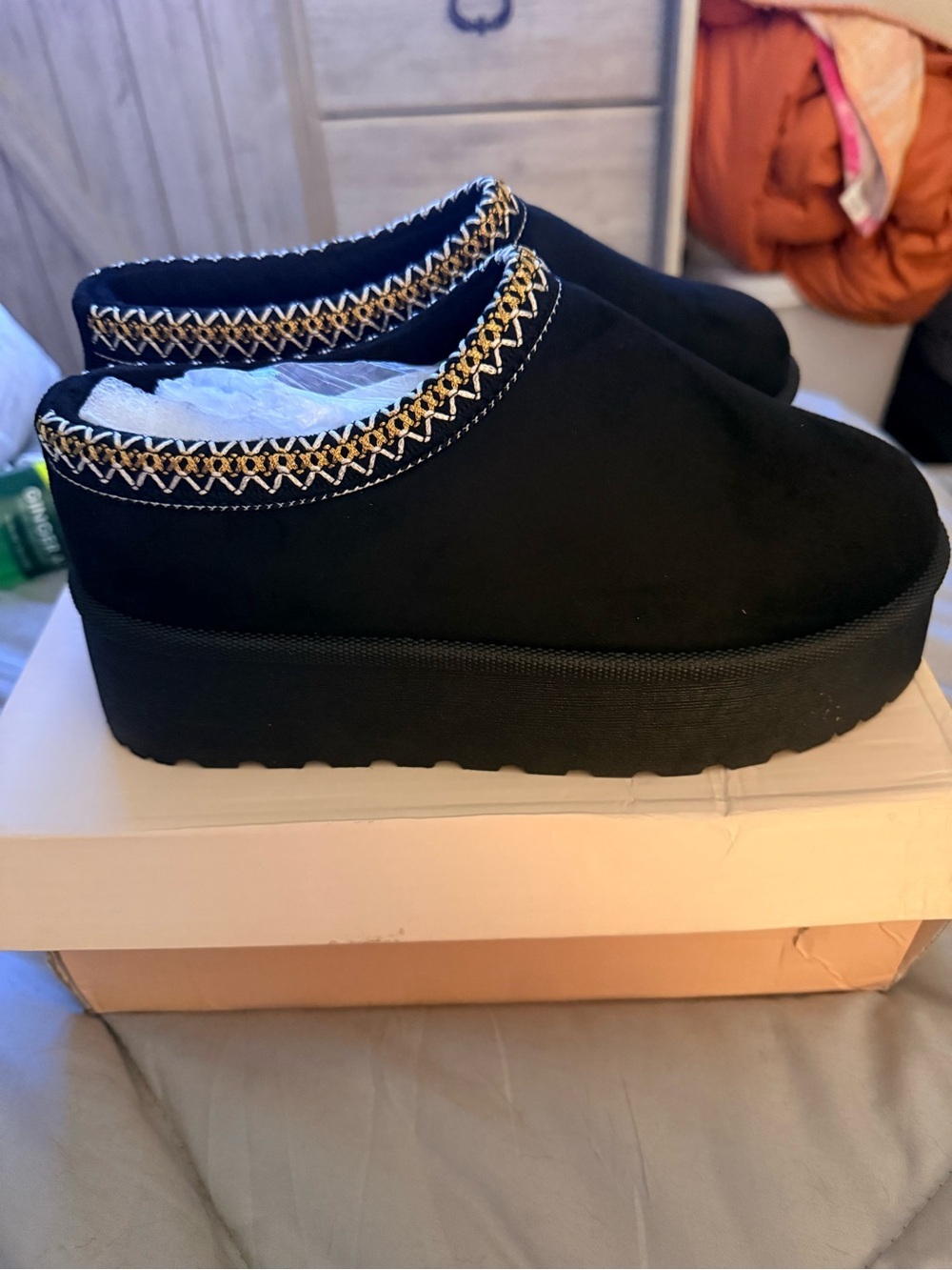Glaze Black Platform Slip-On Shoes with Gold Trim